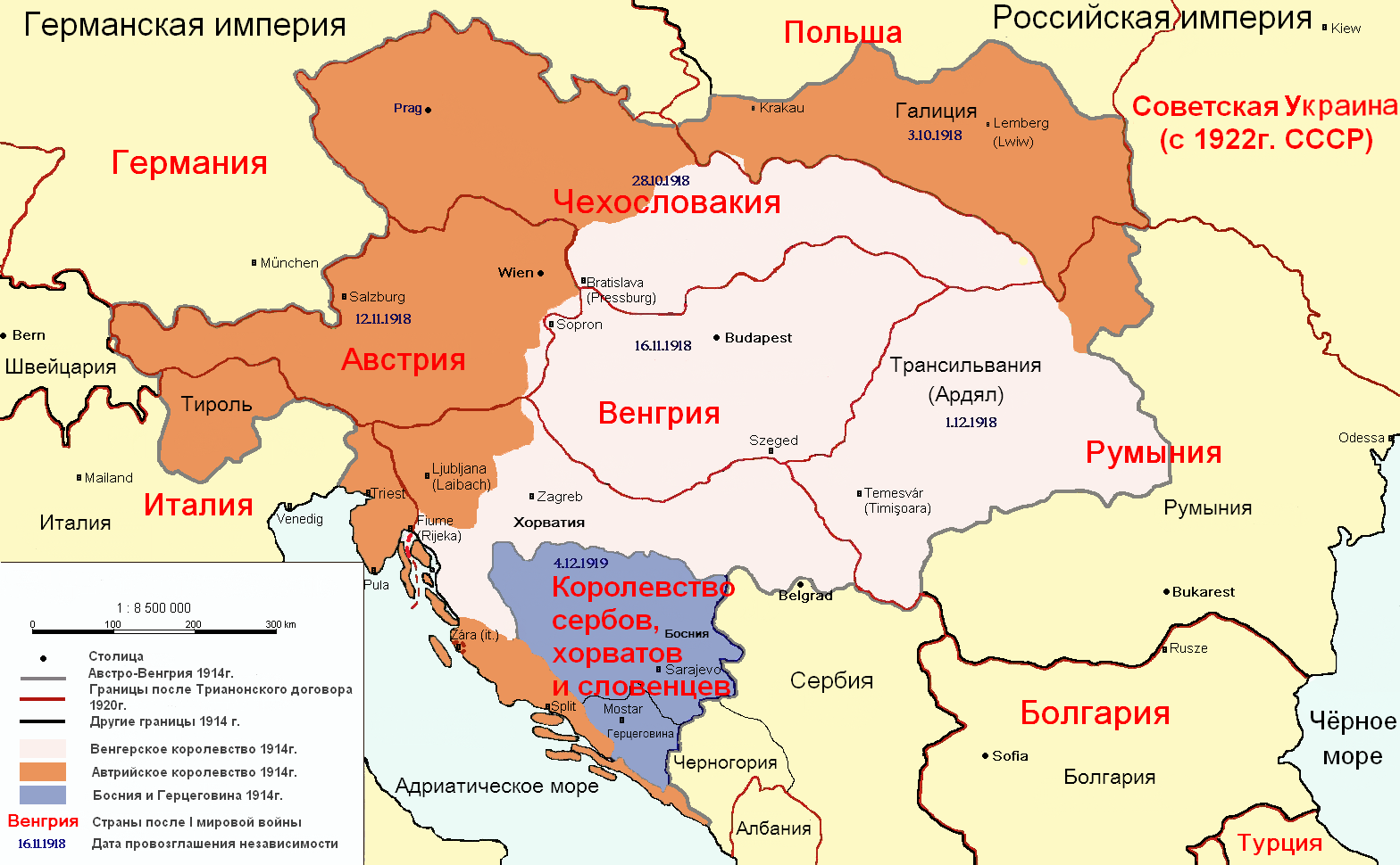 Карта Австро-Венгерской империи: включенные страны и территории